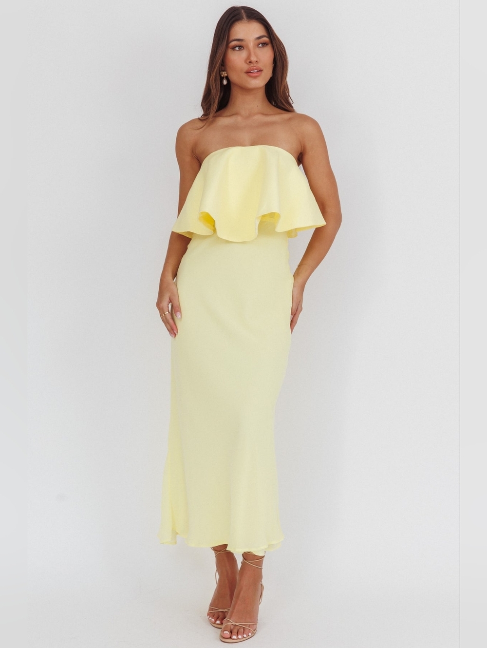 Strapless Ruffle Yellow Midi Dress - Picture 2 of 9